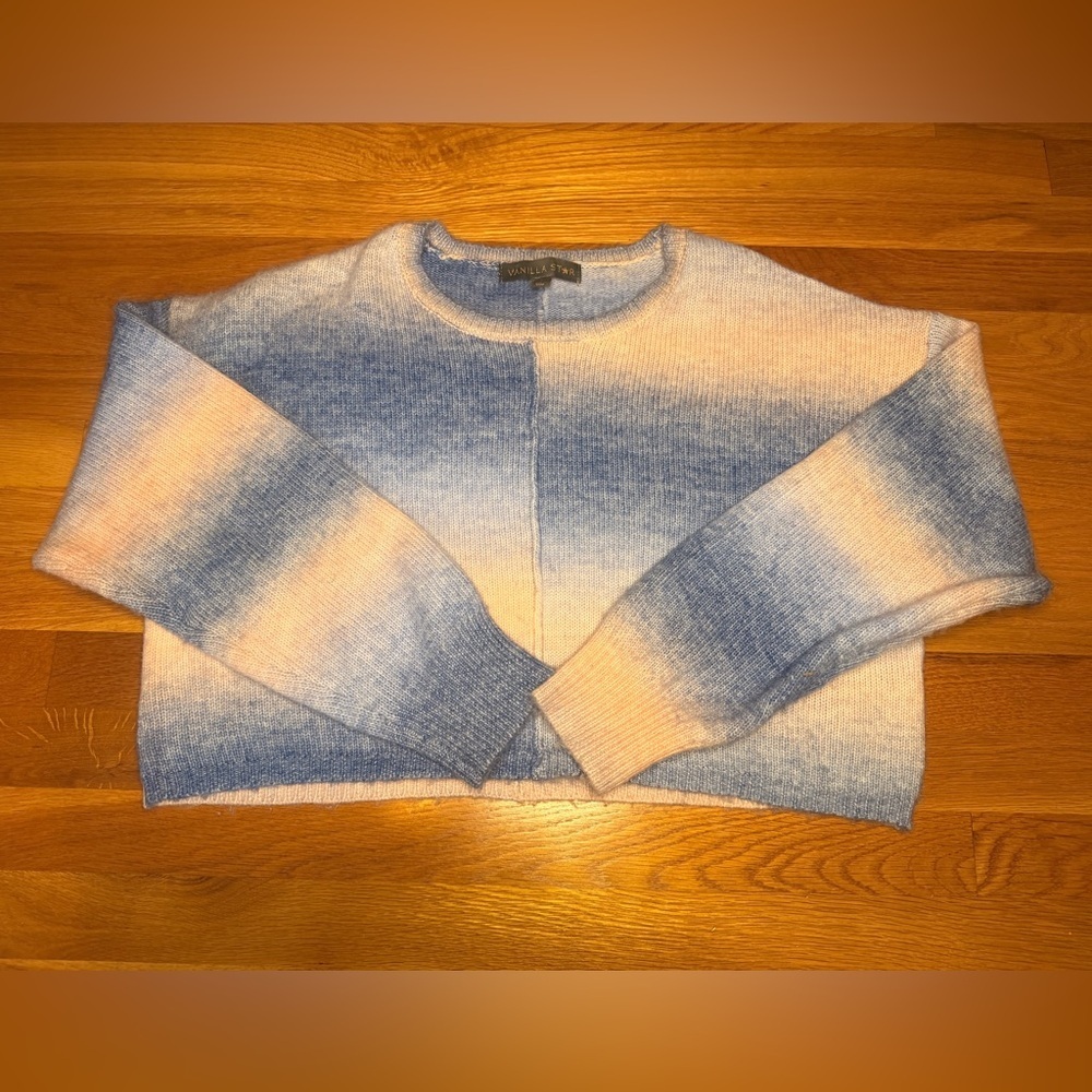 Vanilla Star Blue Pink Ombre Sweater Size L Soft Knit Cropped Cozy Pullover